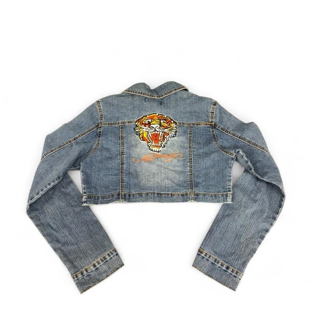 Y2K Ed Hardy crop top denim Jean jacket tattoo grunge goth indie